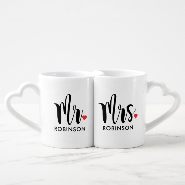 Mr and Mrs Black Heart Script Monogram Coffee Mug Set (Front Nesting)