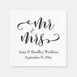 "Mr and Mrs" Black on White Typography Wedding Paper Napkins