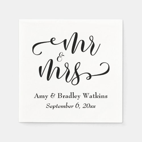 Mr and Mrs Black on White Typography Wedding Paper Napkins