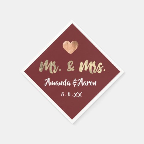 Mr and Mrs Black White Copper Heart Maroon Napkins