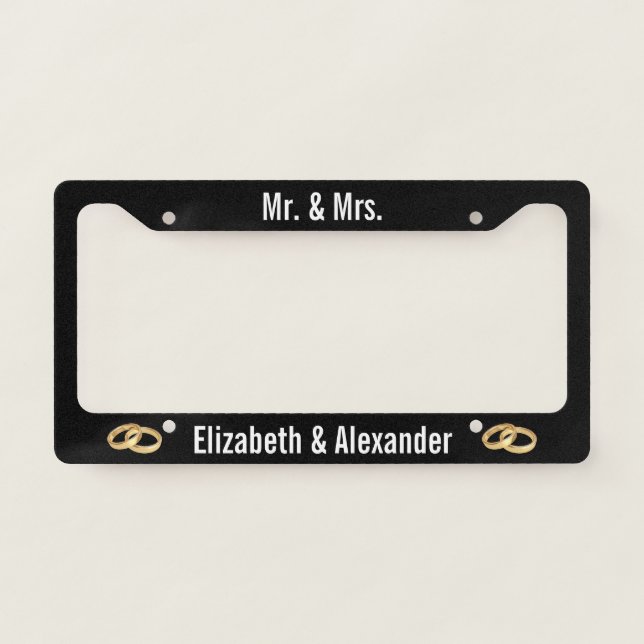 Mr. and Mrs. Black White Gold Wedding Rings Names License Plate Frame (Front)