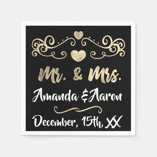 Mr and Mrs Black White Hearts Champaigne Gold Napkins