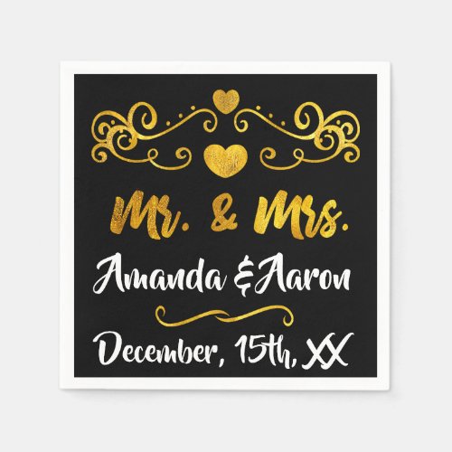 Mr and Mrs Black White Hearts Name Golden Foil Napkins