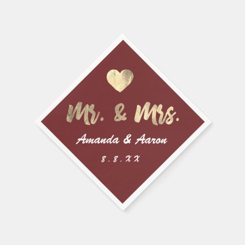 Mr and Mrs Black White Names Heart Burgundy Napkins