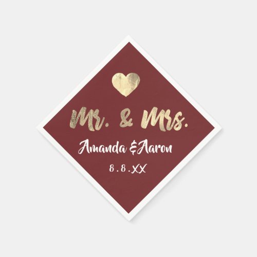 Mr and Mrs Black White Names Heart Maroon Napkins