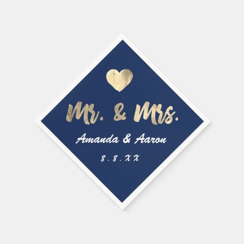 Mr and Mrs Black White Names Heart Navy Napkins