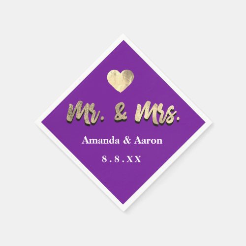 Mr and Mrs Black White Names Heart Purple Napkins