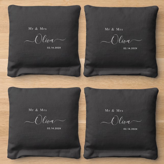 Mr And Mrs Black White Personalized Wedding  Cornhole Bags (Wood)