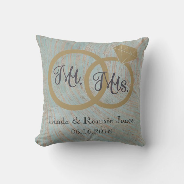 Mr and Mrs Blue and Copper Wedding Throw Pillow (Front)