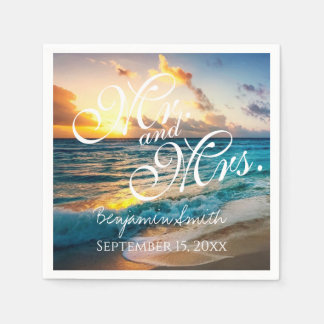 Mr and Mrs Blue Beach Wedding Name Date Napkins