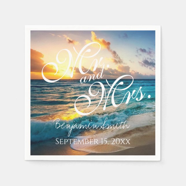 Mr and Mrs Blue Beach Wedding Name Date Napkins (Front)