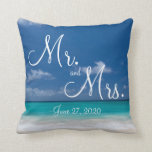 Mr. and Mrs. Blue Beach Wedding Pillows<br><div class="desc">Mr. and Mrs. blue beach wedding pillows with customizable text</div>