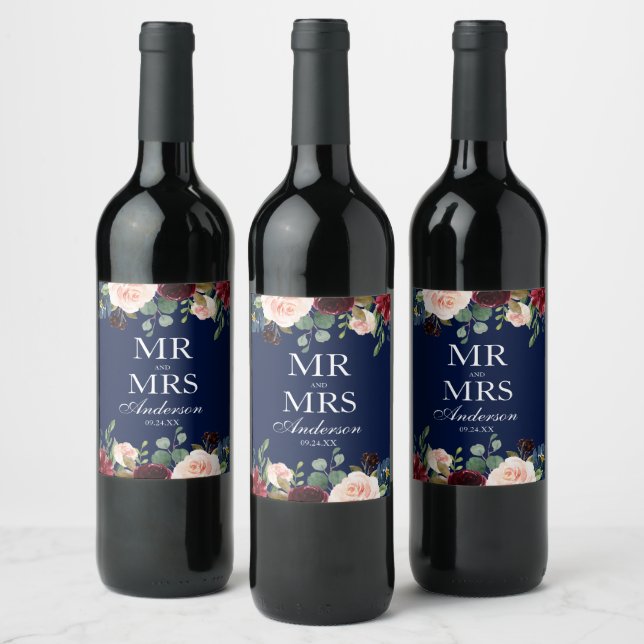 Mr. and Mrs. Blue Burgundy Floral Wedding Wine Label (Bottles)