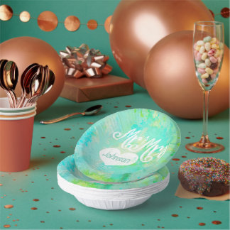 Mr. and Mrs. Blue Green Watercolor Style Paper Bowls