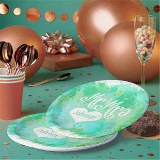 Mr. and Mrs. Blue Green Watercolor Style Paper Plates