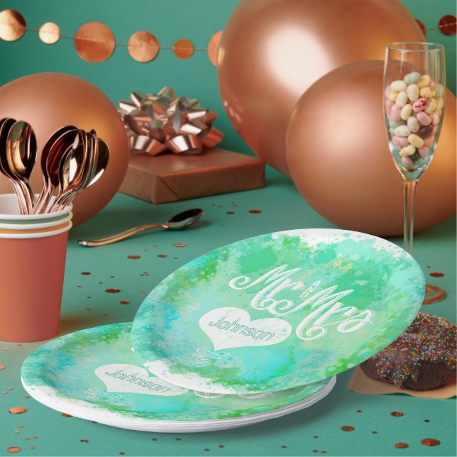 Mr. and Mrs. Blue Green Watercolor Style Paper Plates (Multi)