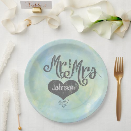 Mr and Mrs Blue Green Watercolor Style Paper Plates