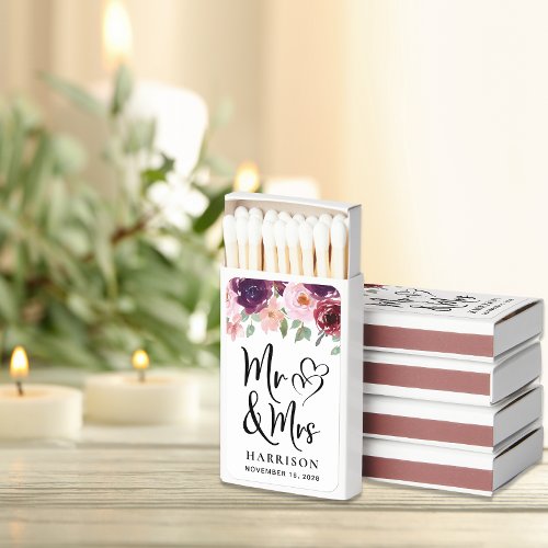 Mr and Mrs Blush Burgundy Floral Wedding Favor Matchboxes