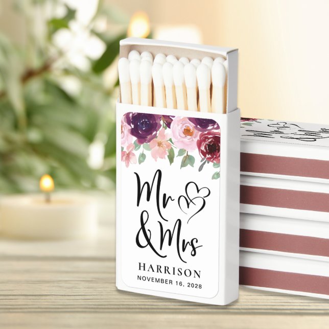 Mr and Mrs Blush Burgundy Floral Wedding Favor Matchboxes (Creator Uploaded)