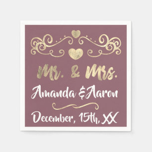 Mr. and Mrs. Blush Mauve White Hearts Name Golden Napkins