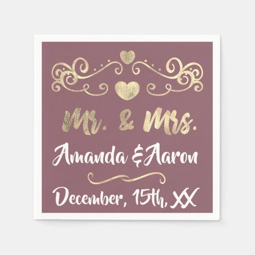 Mr and Mrs Blush Mauve White Hearts Name Golden Napkins