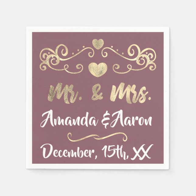 Mr. and Mrs. Blush Mauve White Hearts Name Golden Napkins (Front)