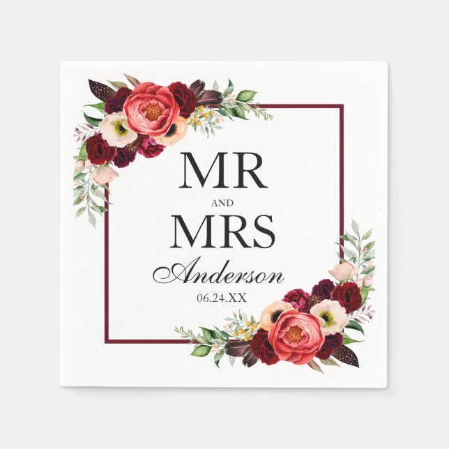 Mr. and Mrs. Boho Burgundy Floral Wedding Napkins (Front)