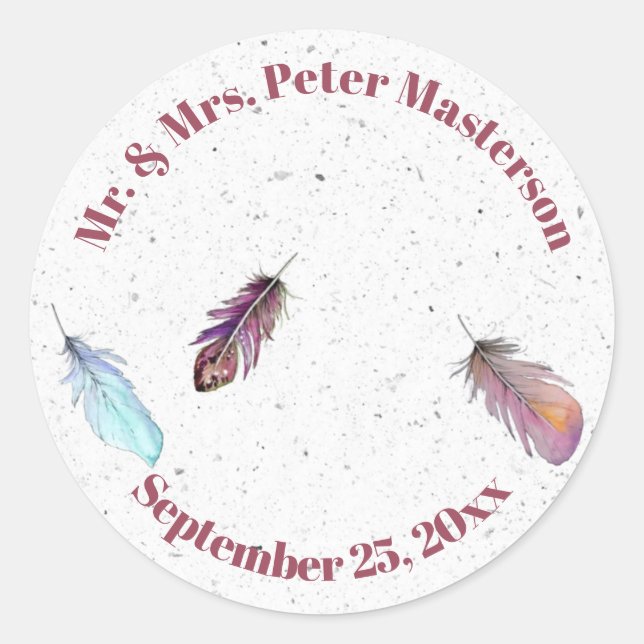 Mr. and Mrs. Boho Feather Design with Name Date    Classic Round Sticker (Front)