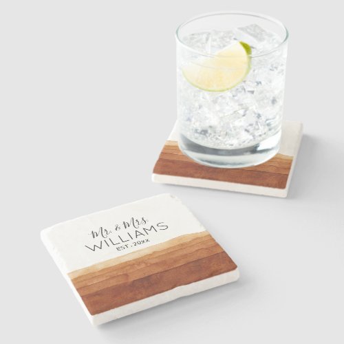 Mr and Mrs Boho Watercolor Abstract Desert   Stone Coaster