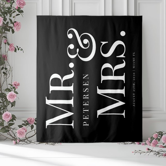 Mr and Mrs bold typography black wedding backdrop (Creator Uploaded)