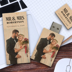 Mr and Mrs Bold Typography Wedding Photos Wood Flash Drive