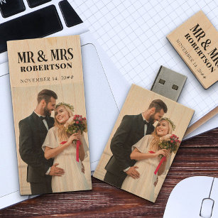 Mr and Mrs Bold Typography Wedding Photos Wood Flash Drive