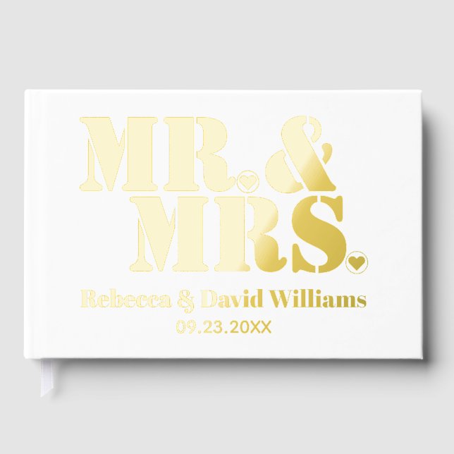 Mr. and Mrs. bold typography white photo wedding Foil Guest Book (Front)