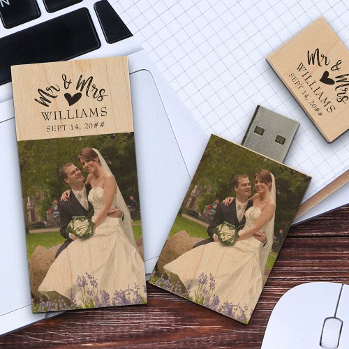 Mr and Mrs Brush Script Wedding Photos Wood Flash Drive