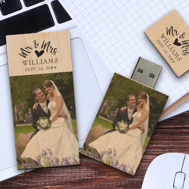 Mr and Mrs Brush Script Wedding Photos Wood Flash Drive (Creator Uploaded)