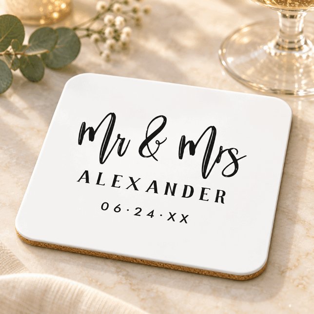 Mr and Mrs Brushed Script Wedding Date Beverage Coaster (Creator Uploaded)
