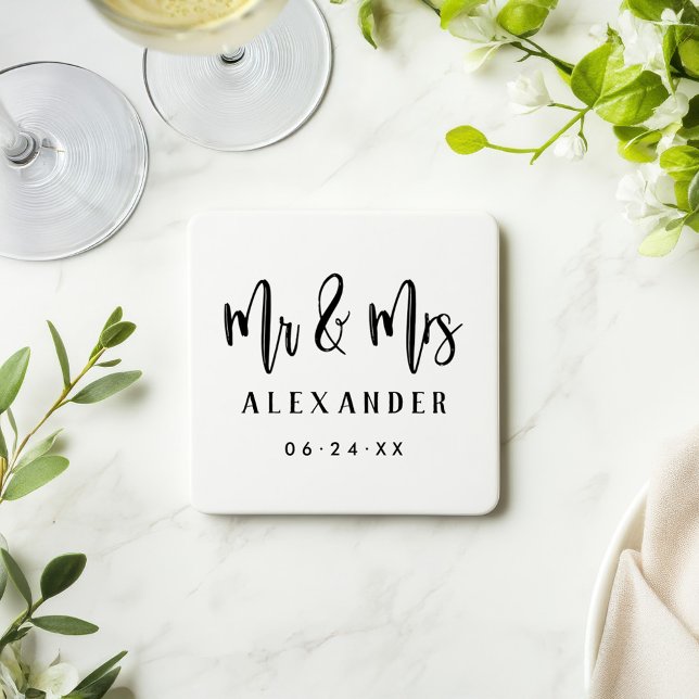 Mr and Mrs Brushed Script Wedding Date Beverage Coaster (Creator Uploaded)