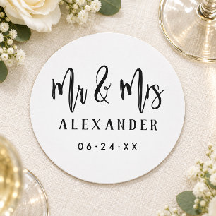 Mr and Mrs Brushed Script Wedding Date Round Paper Coaster