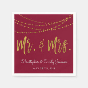 Mr. and Mrs.Burgundy and Gold Foil String Lights Paper Napkins