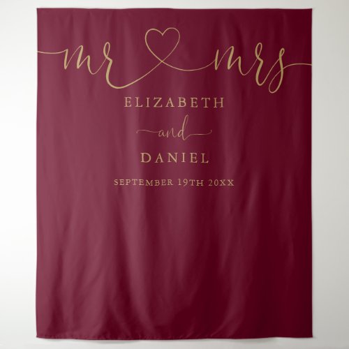 Mr And Mrs Burgundy And Gold Script Wedding Tapestry