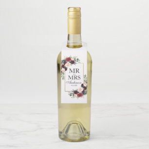 Mr. and Mrs. Burgundy Blue Floral Wedding Bottle Hanger Tag