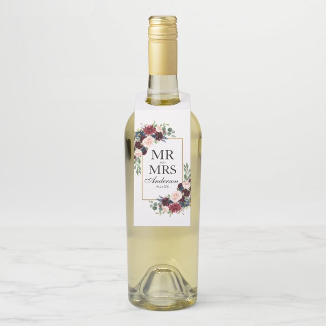 Mr. and Mrs. Burgundy Blue Floral Wedding Bottle Hanger Tag (On Bottle)