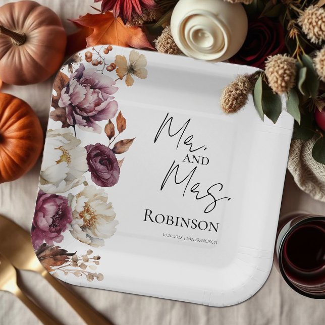 Mr. and Mrs. | Burgundy Floral Autumn Wedding Paper Plates (Creator Uploaded)
