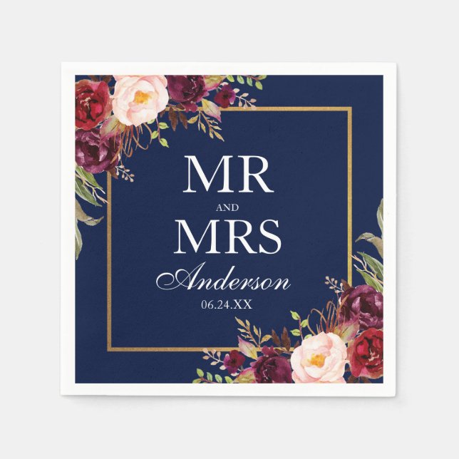 Mr. and Mrs. Burgundy Floral Blue Gold Wedding Napkins (Front)