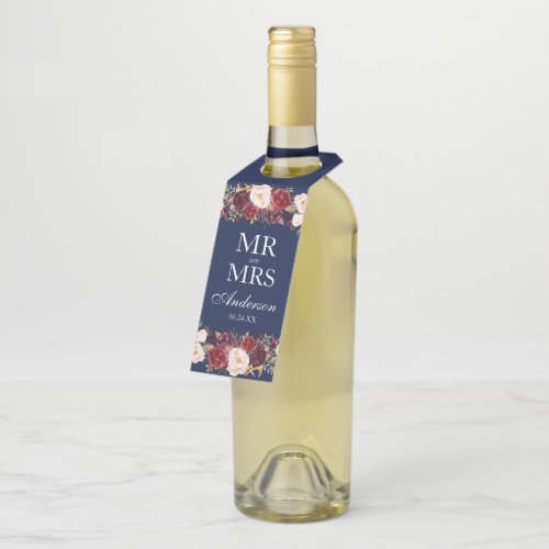 Mr and Mrs Burgundy Floral Blue Wedding Bottle Hanger Tag