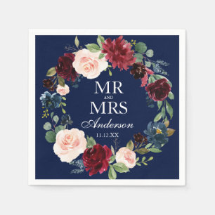 Mr. and Mrs. Burgundy Floral Blue Wedding Napkins
