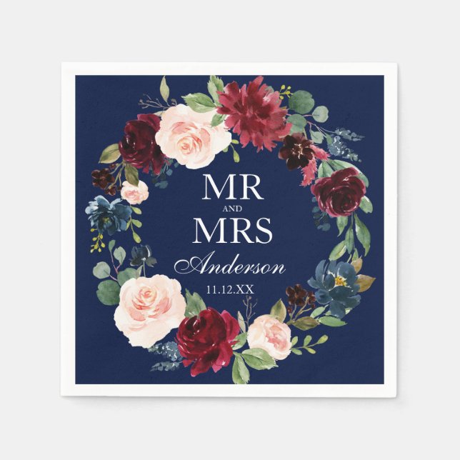 Mr. and Mrs. Burgundy Floral Blue Wedding Napkins (Front)