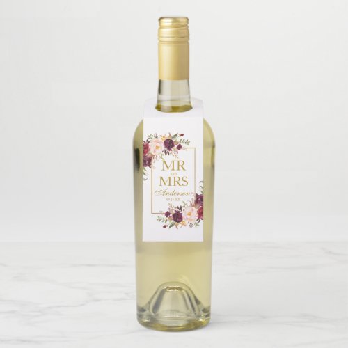 Mr and Mrs Burgundy Floral Gold Wedding Bottle Hanger Tag