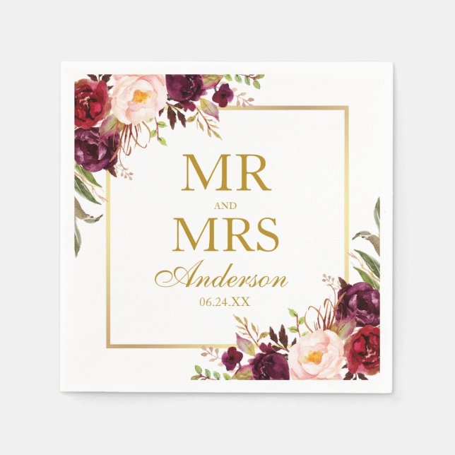 Mr. and Mrs. Burgundy Floral Gold Wedding Napkins (Front)
