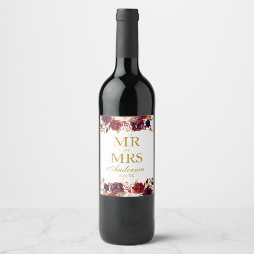 Mr and Mrs Burgundy Floral Gold Wedding Wine Label